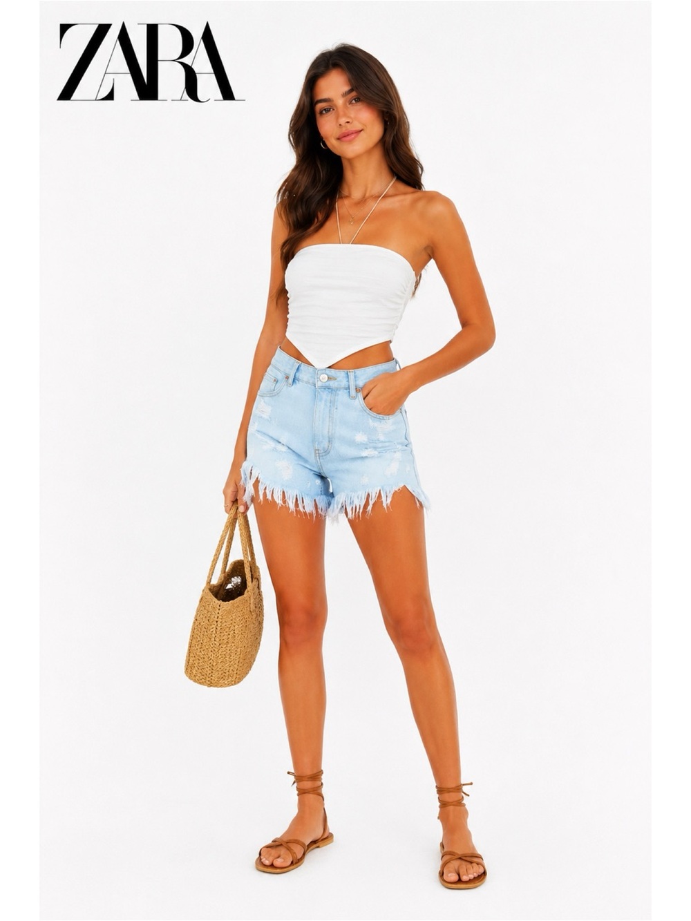 ZARA Ripped Frayed Bow Tie Back Jean Shorts